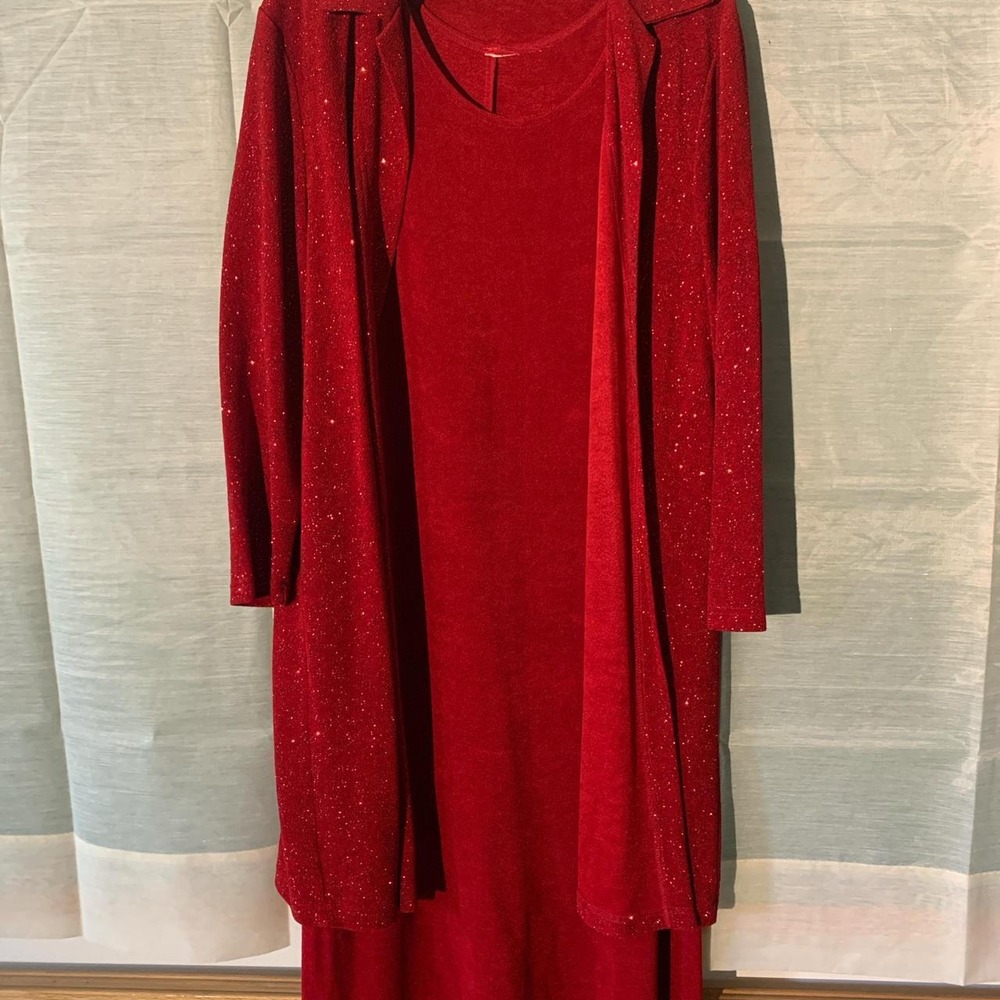 More En Focus Vintage 90s Red Sparkly 2 Piece Dress & Jacket Set XL Christmas